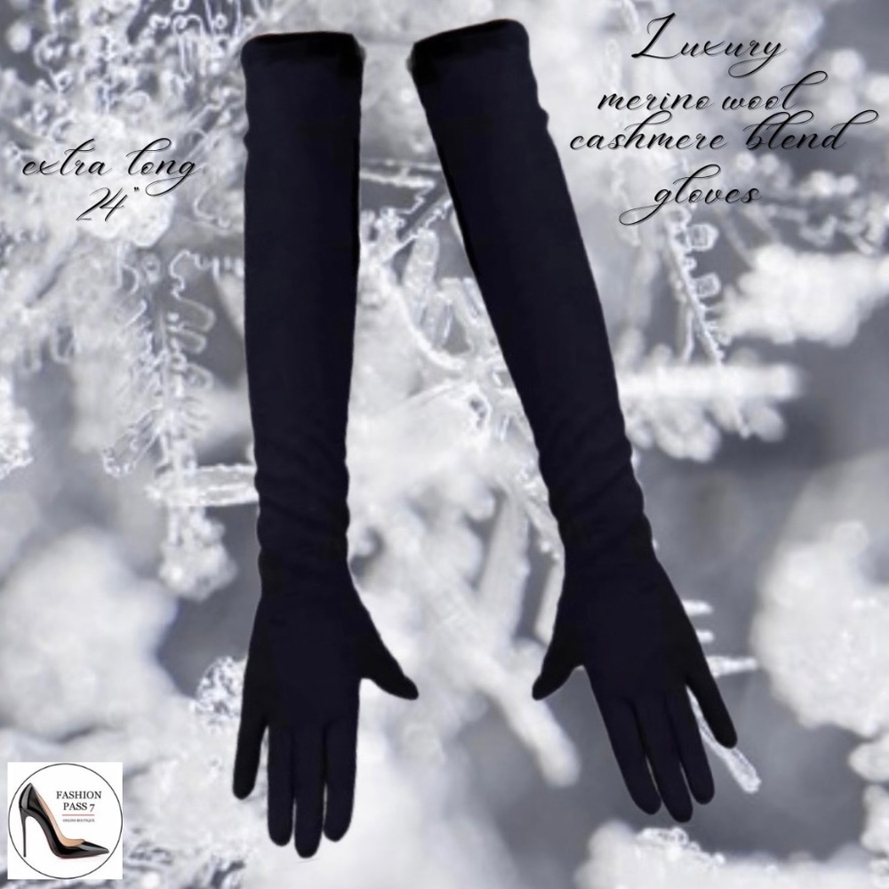 24” Long Luxury Cashmere Merino Wool Glove Classic Black Opera Winter Warm Glove - Picture 2 of 8